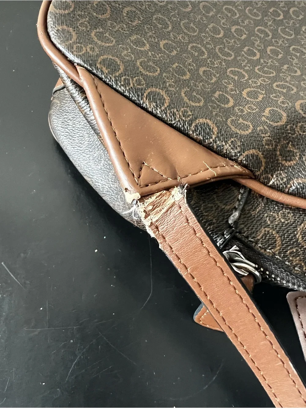 GUESS Two-Tone Logo Mini Backpack in Dark Brown and Tan